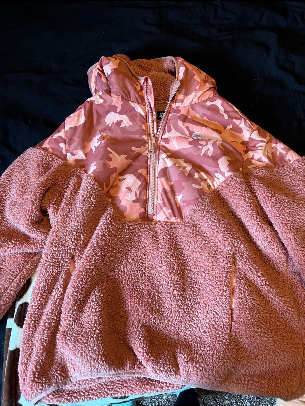 Pink Sherpa Pullover Jacket with Camo Hood
